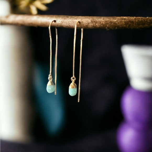 Raw Amazonite Gold Threader Earrings - Picture 3 of 3